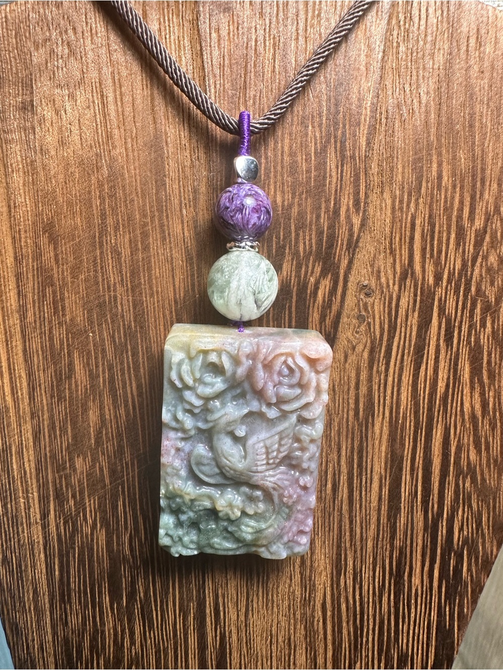 Ocean Jasper Phoenix Pendant Necklace with Feather Fluorite on Brown Rope - Picture 6 of 15